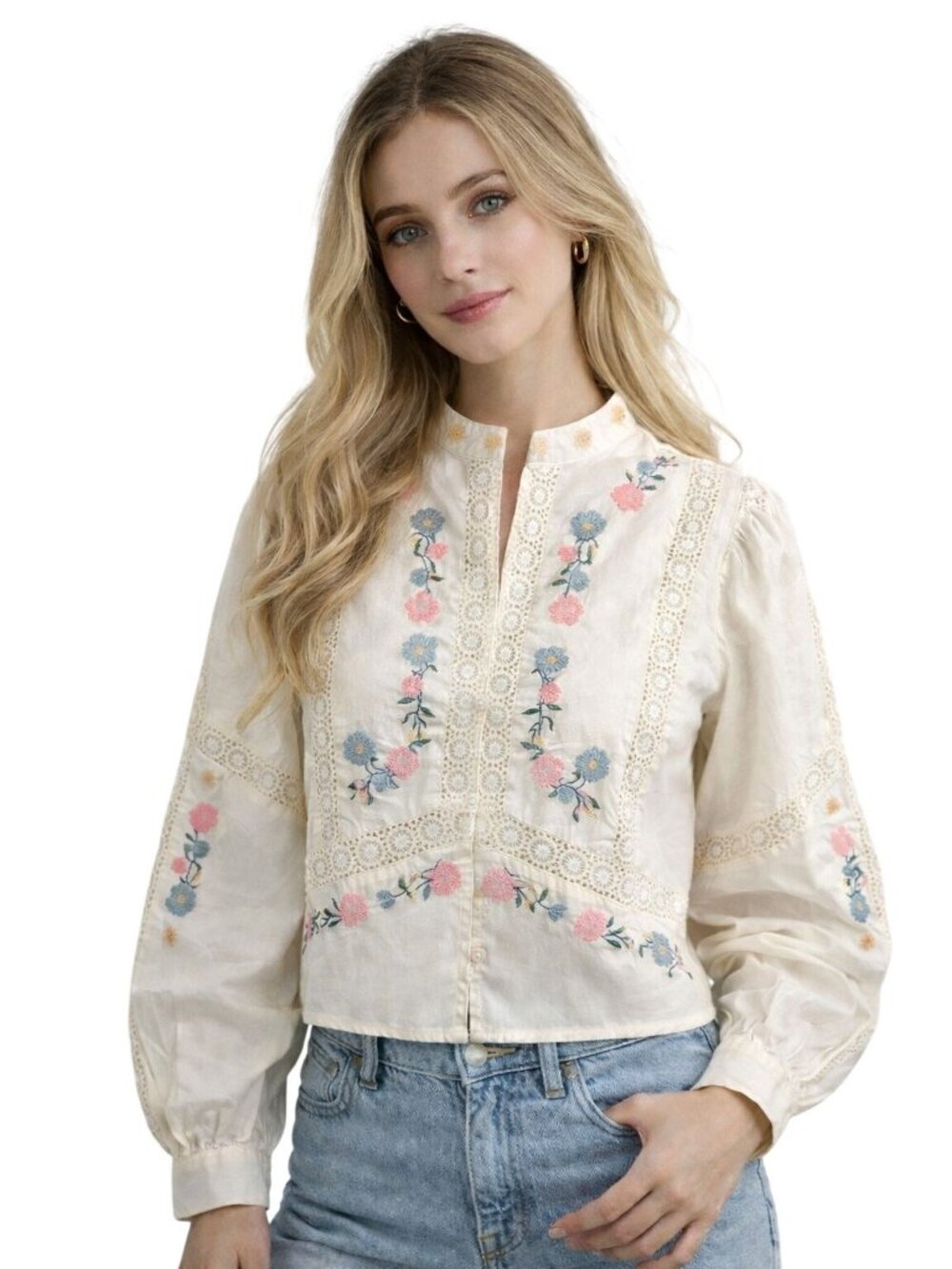 NWT Caroline Constas Floral Embroidered Blouse Sz XS Ivory Lace Boho Peasant Top